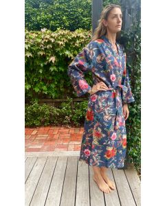 Blue cotton printed waffle kimono (free size)