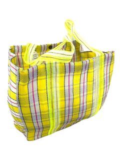 Yellow striped tote in recycled  plastic 36(h) x 38(w) x 20(d) cm