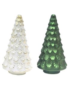 S/2 glass XMas tress - ivory frosted / moss green 13(w) x 25.5(h) cm