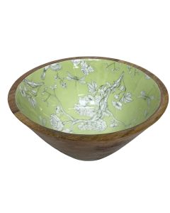 Wood bowl with green floral design 29.5x13 cm
