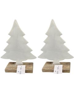 S/2 White Xmas tree on wooden stand 22 (h) X 9  (w)cm