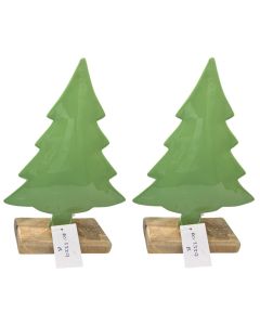 S/2 Green Xmas tree on wooden stand 22 (h) X 9  (w)cm