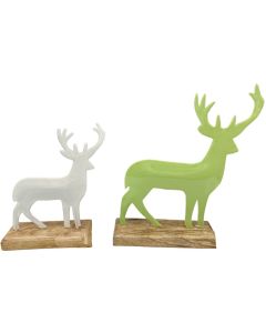 S/2 Green /white reindeer ON wooden stand  21(h)x11(w)x5(d) / 25(h)x15(w)x5(d)