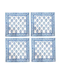 S/4 blue/white block printed cotton napkins 40x40 cm