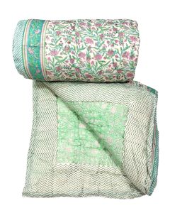 Cotton filled green printed reversible queen size quilt 220x270 cm